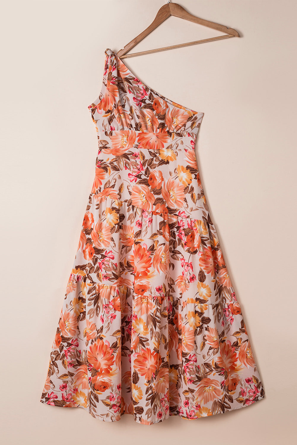 Floral Print Pleated One Shoulder High Waist Maxi Dress