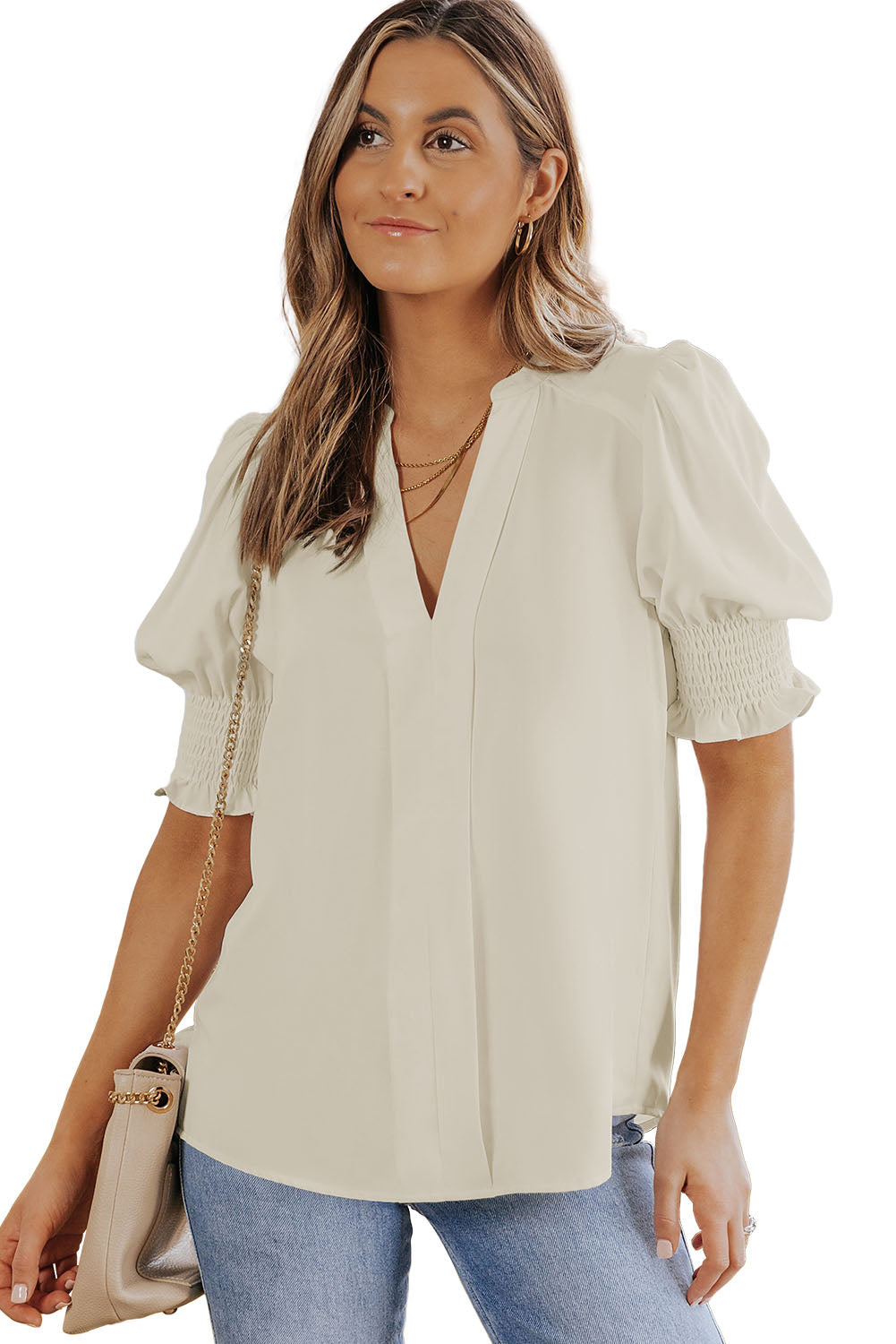 Solid Color Half Sleeve V Neck Blouse