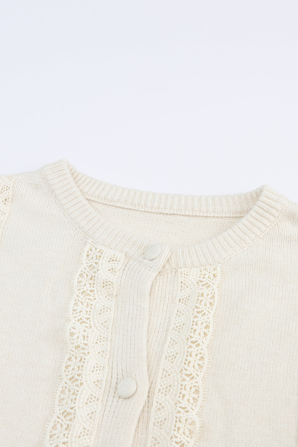 Lace Trim Ribbed Round Neck Button Up Cardigan