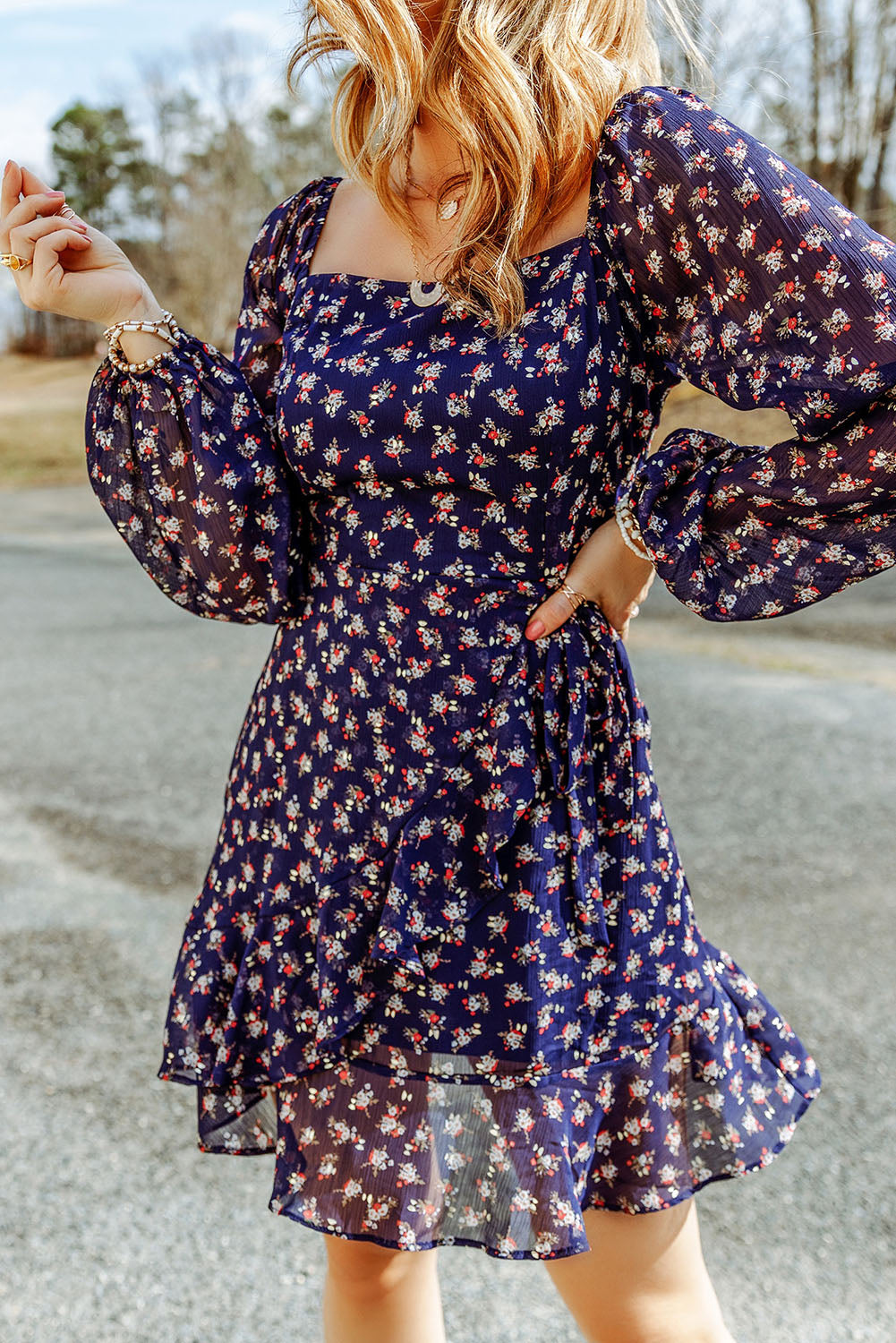 Floral Print Smocked Square Neck Bubble Sleeve Dress