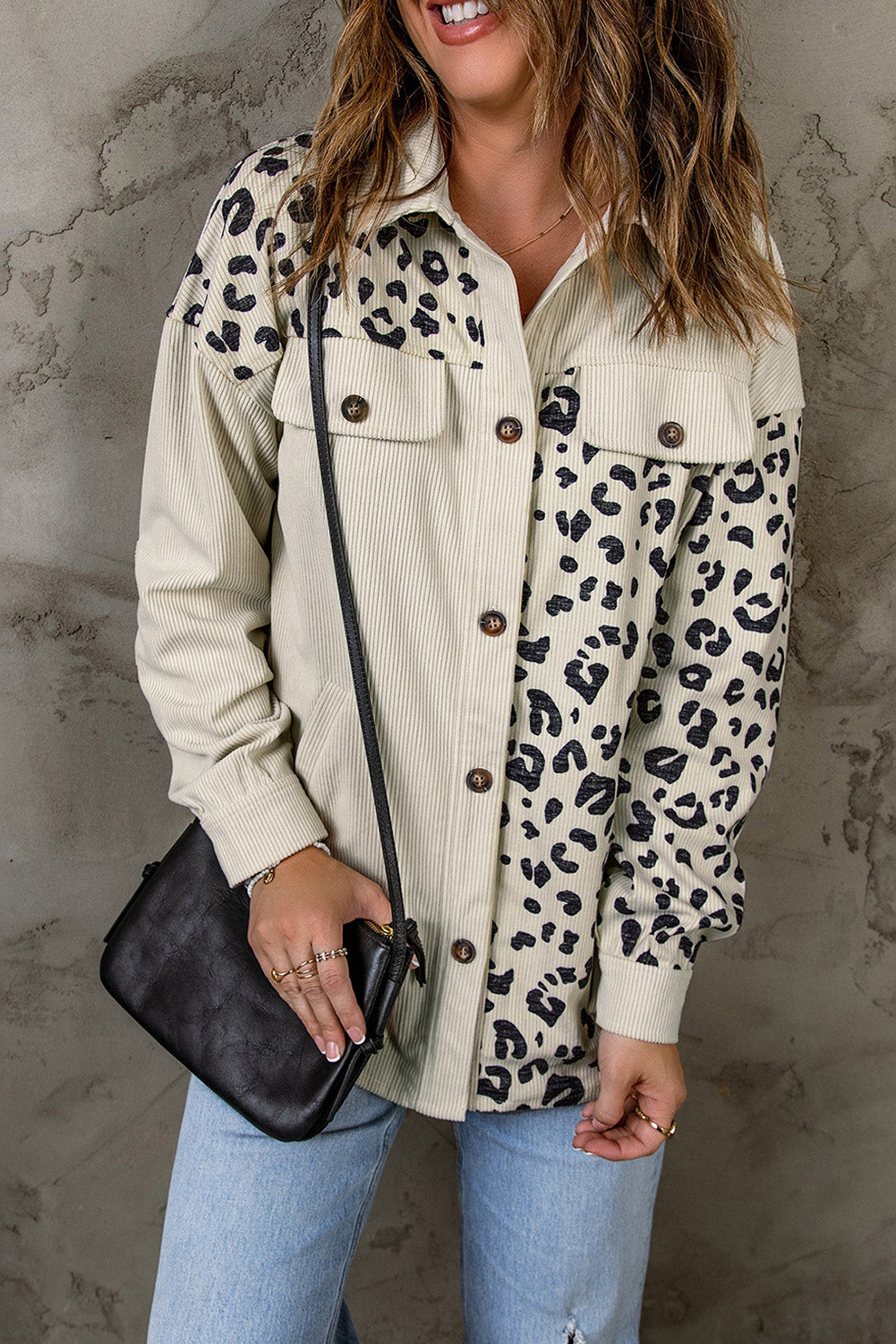 Leopard Print Detail Pocketed Corduroy Jacket