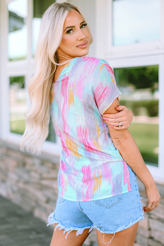 Abstract Print V Neck Dolman Blouse