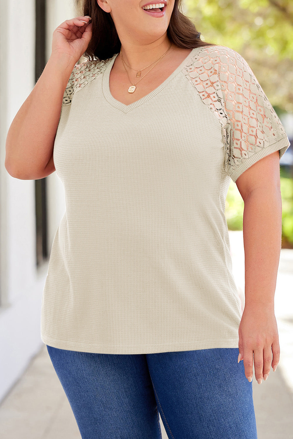 Lace Short Sleeve Plus Size Waffle Top