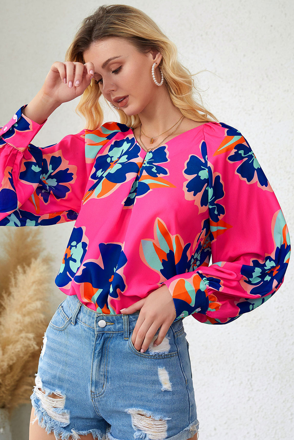 Black Flower Print Puff Sleeve Blouse