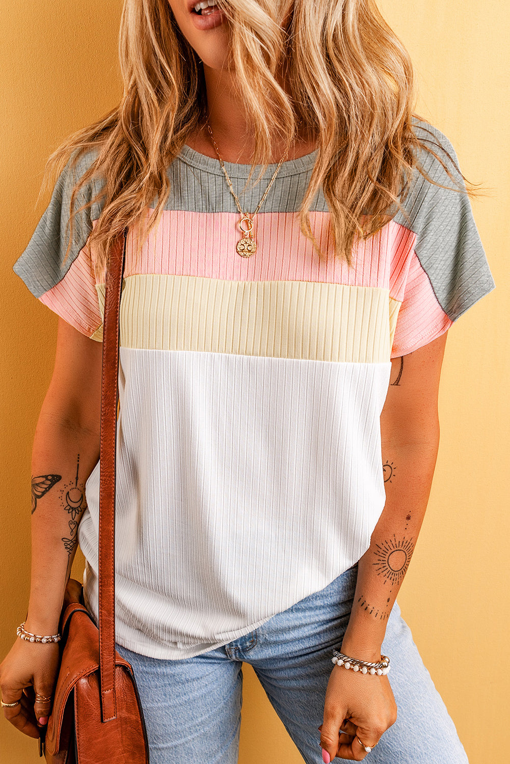 Gray Ribbed Color Block Patchwork T-shirt