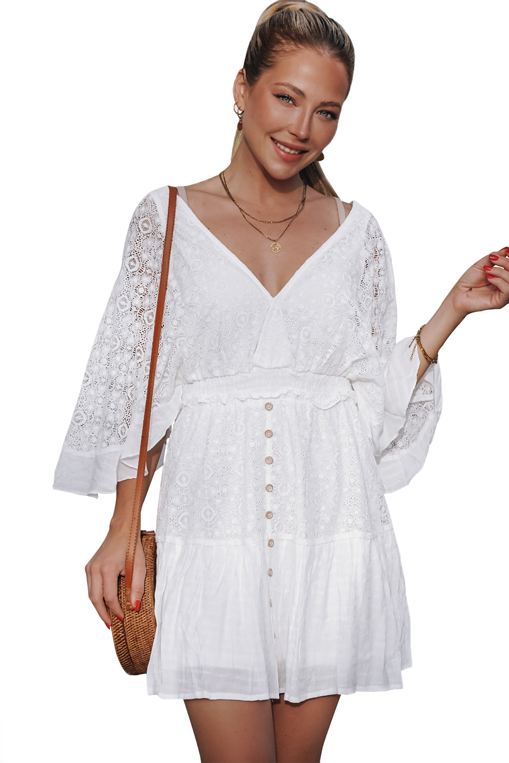 Lace Crochet Buttons Bell Sleeve V Neck Mini Dress