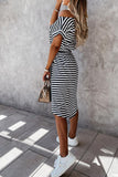 Khaki Stripe Short Sleeve Belted Wrapped Hemline T-Shirt Dress