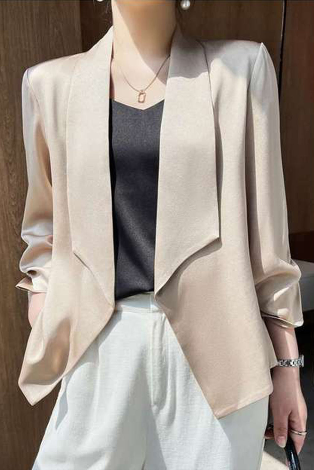 Solid Lapel Collar Satin Blazer