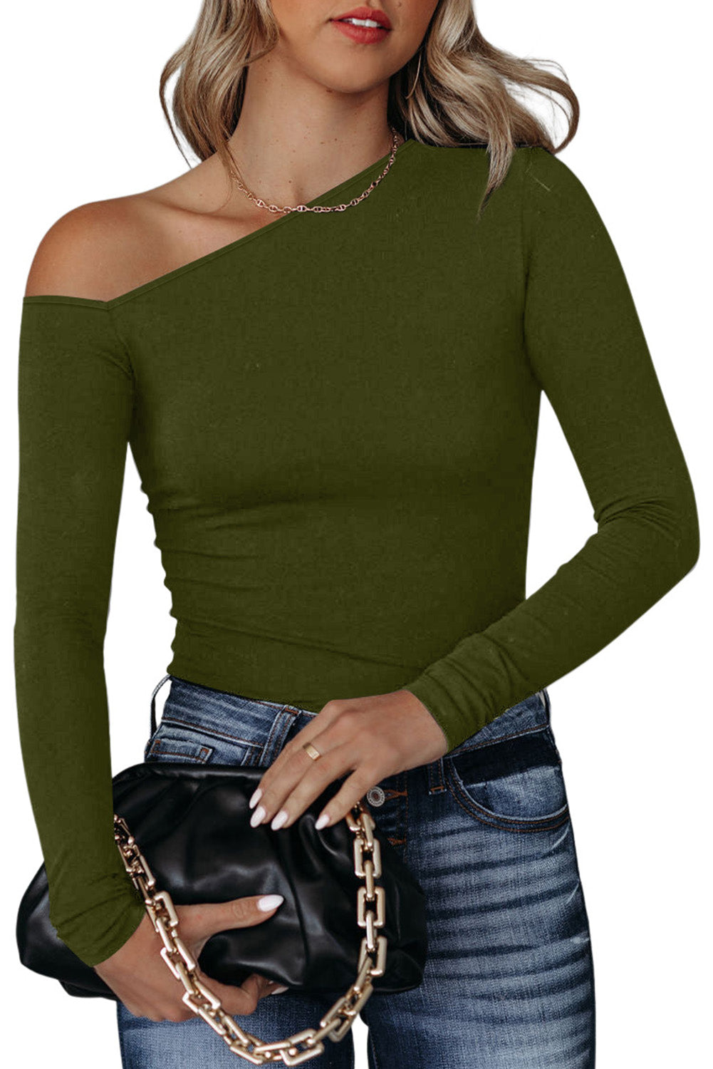 Asymmetrical Neckline Long Sleeve Knit Top