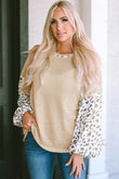 Leopard Print Patchwork Lantern Sleeve Waffle Knit Top