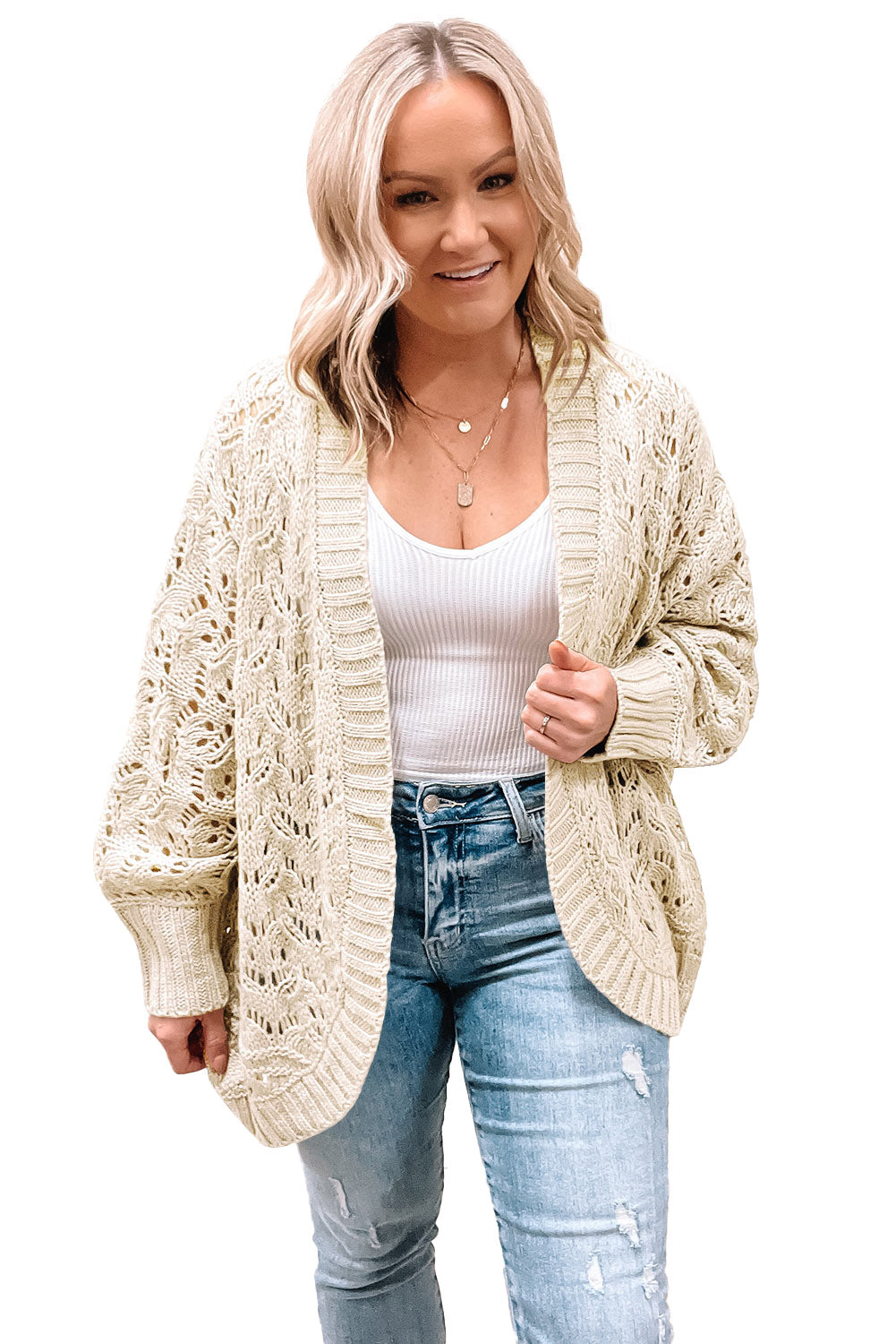 Cardigan Beige à Bordure Côtelée Ouvert en Maille Texturée Grande Taille