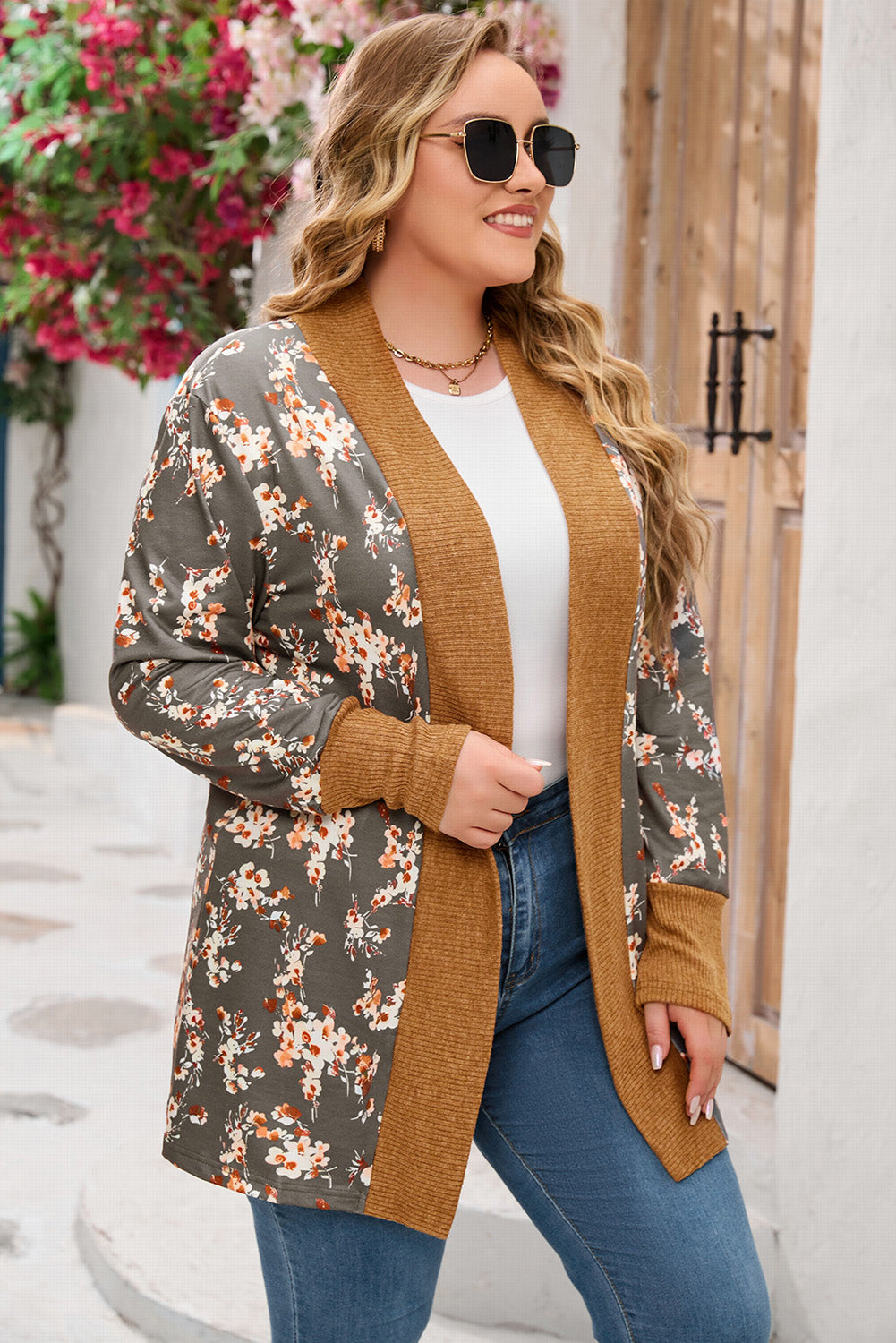 Floral Patchwork Knitted Plus Size Cardigan