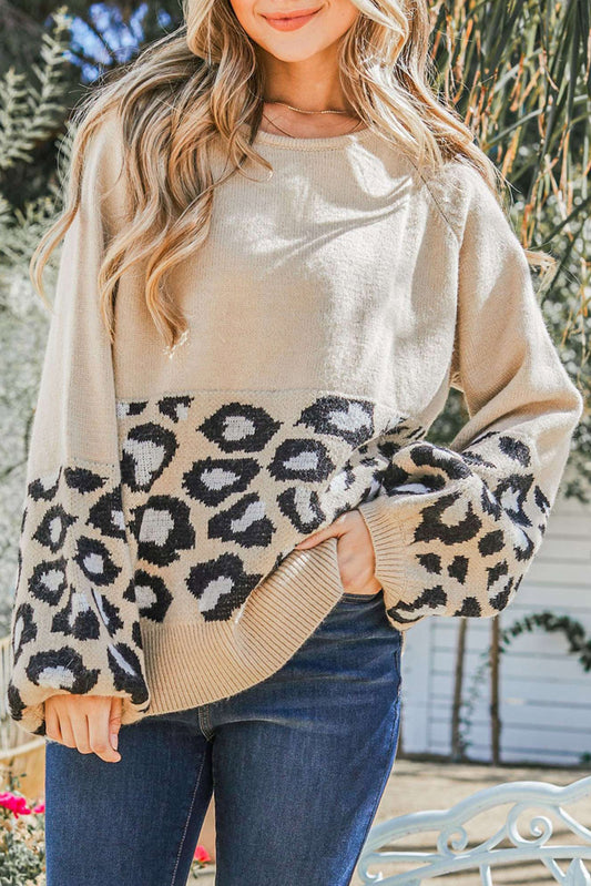 Leopard Patchwork Knitted Puff Sleeve Sweater