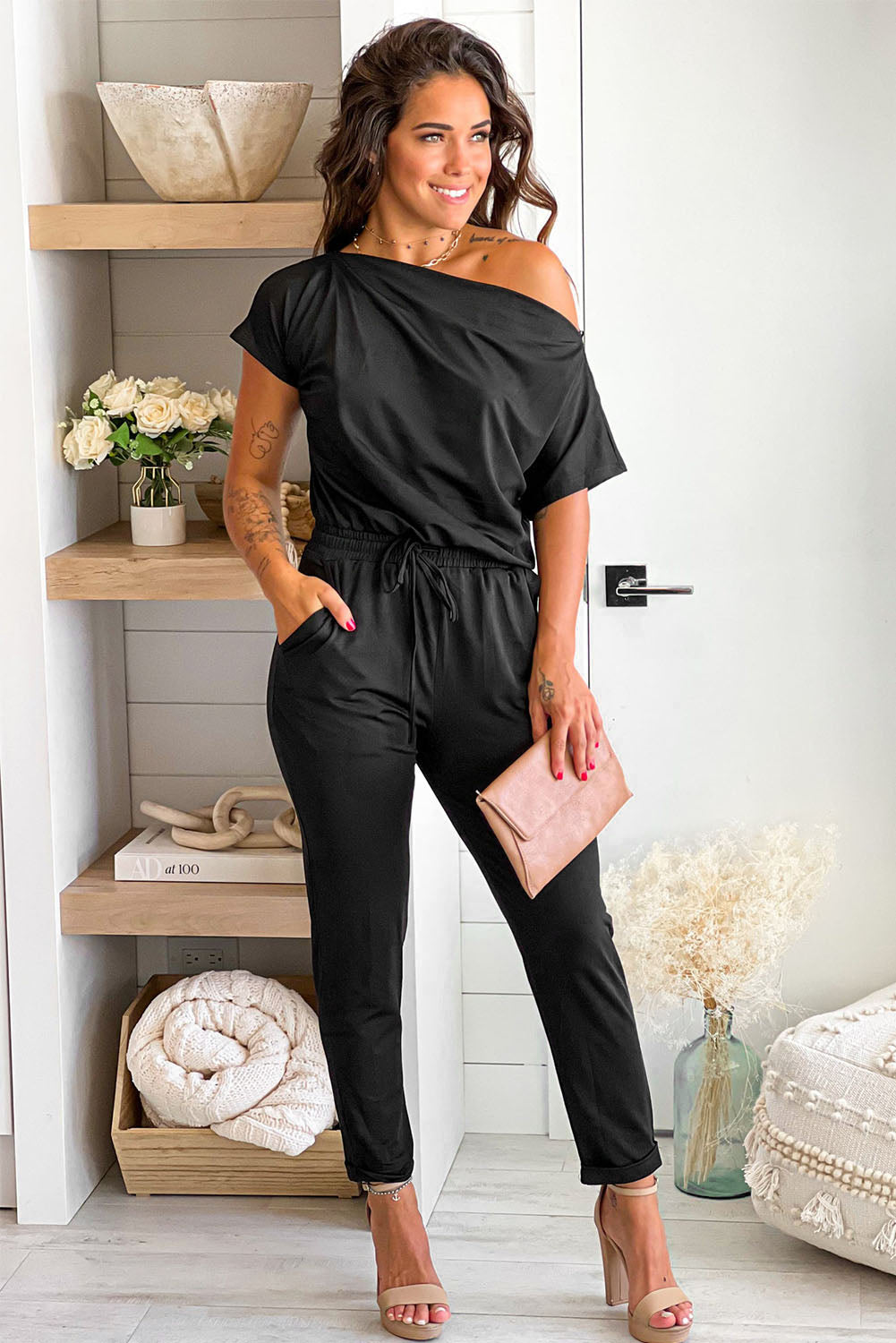 Tie Waist Short Sleeve Tapered Jumpsuit