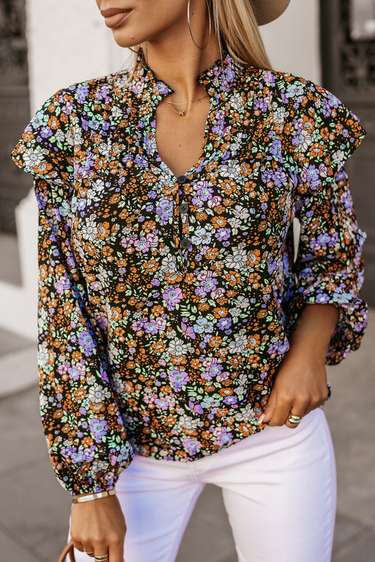 Chemise à volants et manches bouffantes à imprimé floral