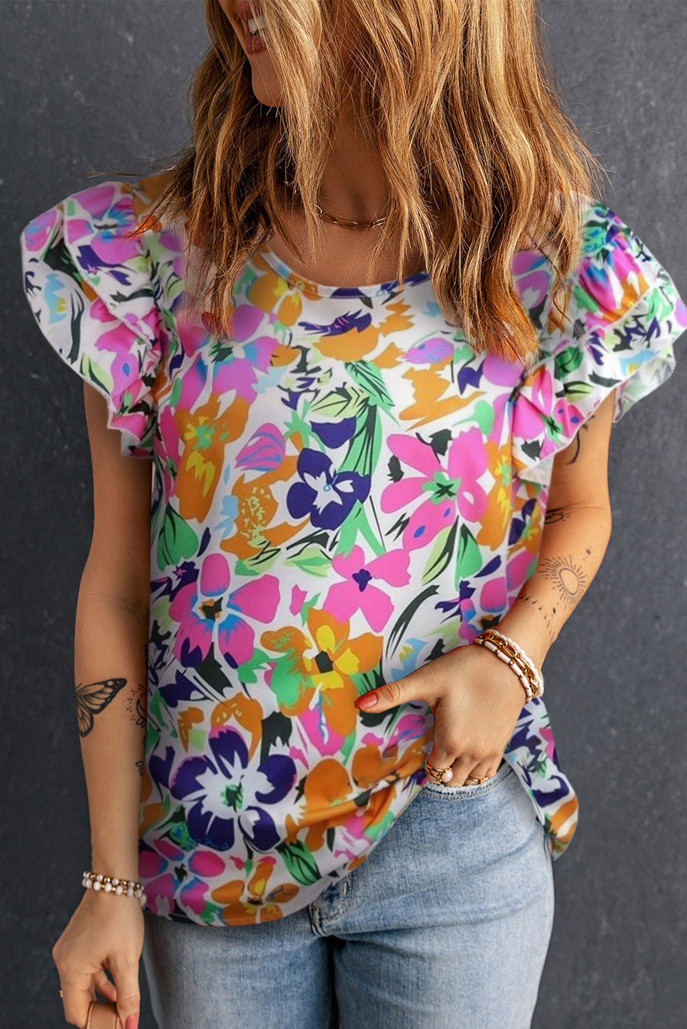 Blouse à manches flottantes et imprimé floral rose