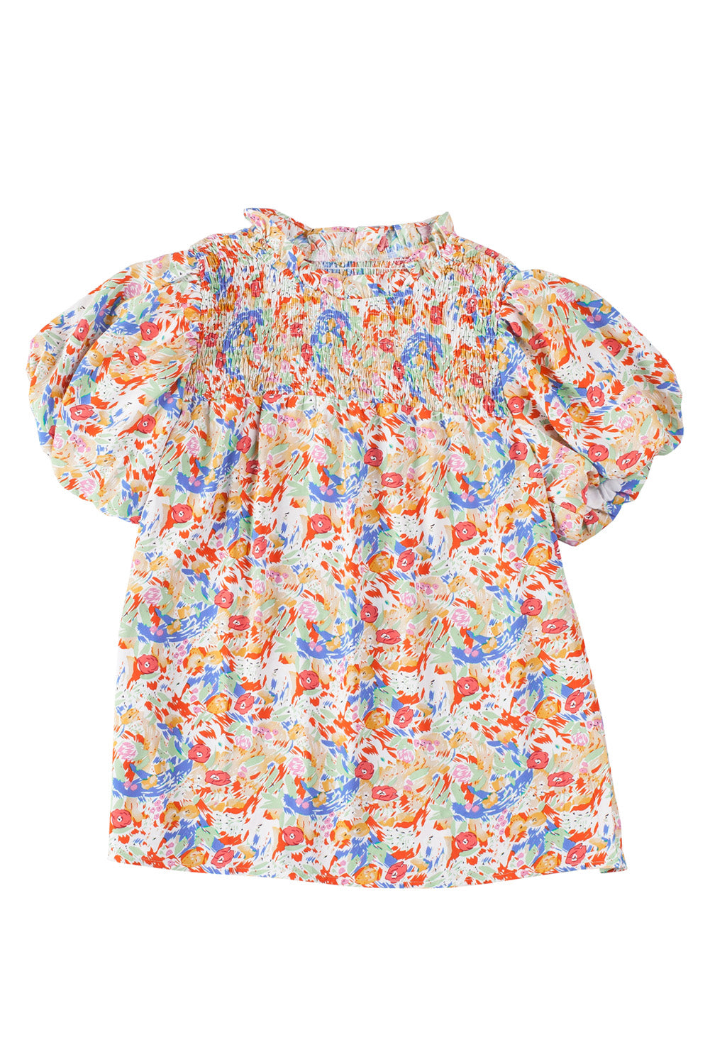 Abstract Print Smocked Puff Sleeves Blouse