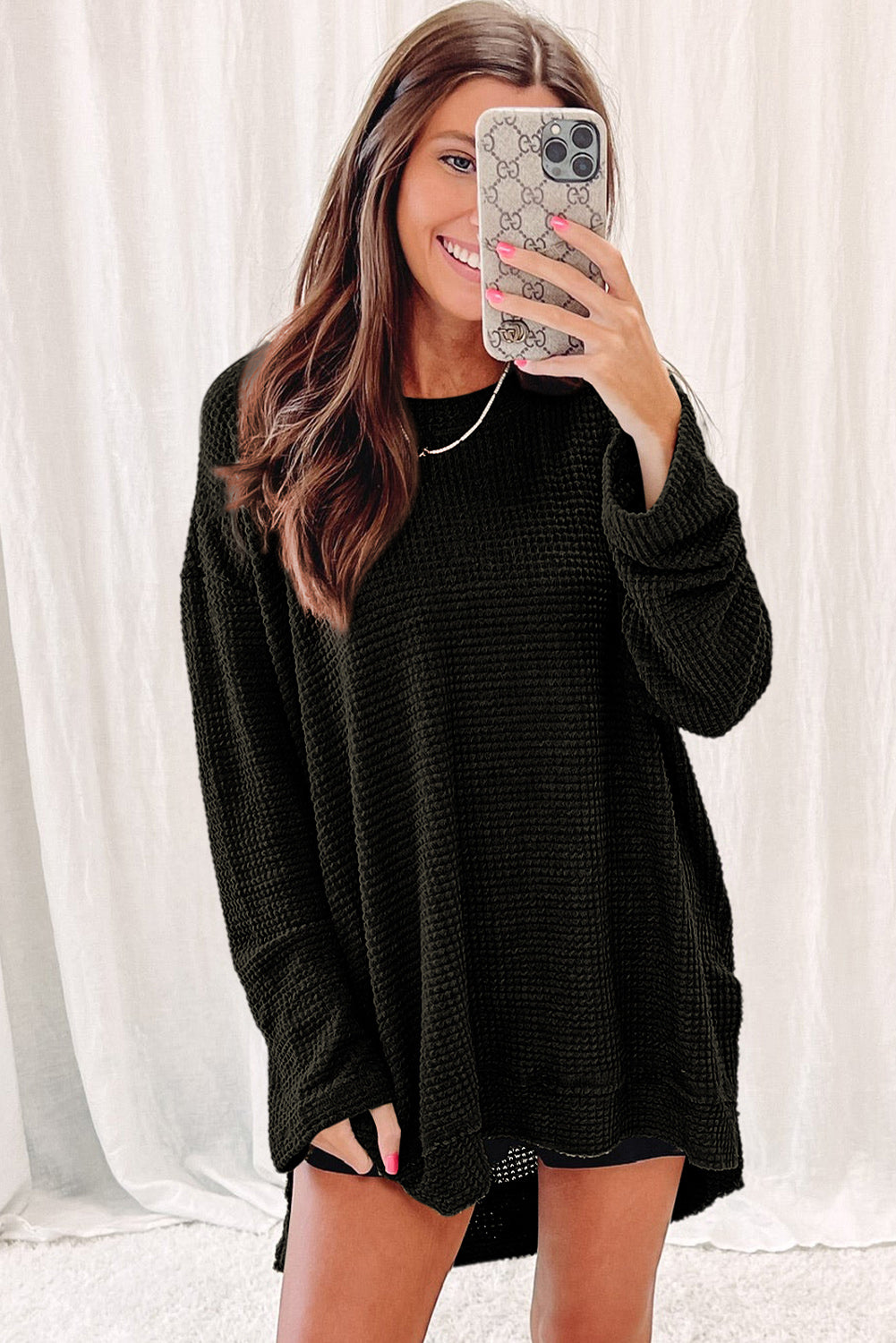 Green Waffle Knit High Slits Oversized Top