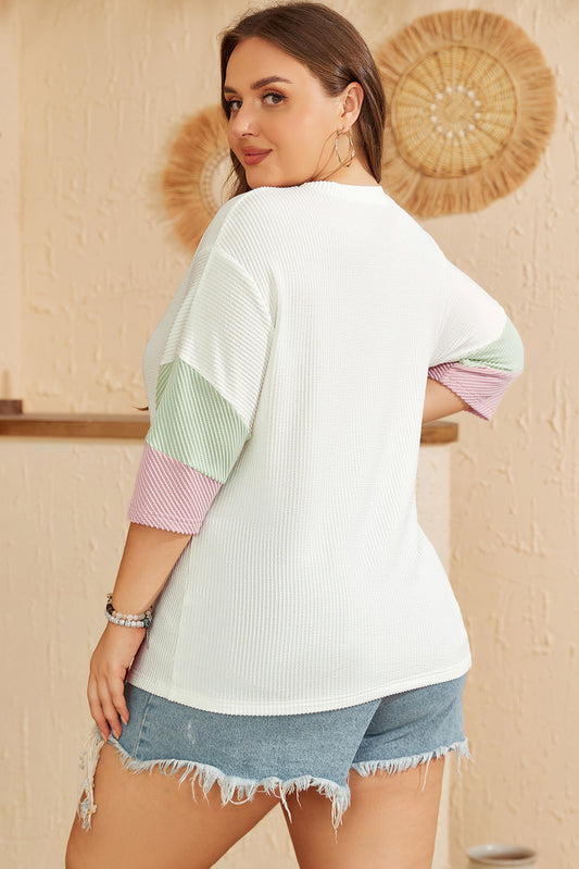 White Textured Colorblock Patchwork Half Sleeve Plus T Shirt