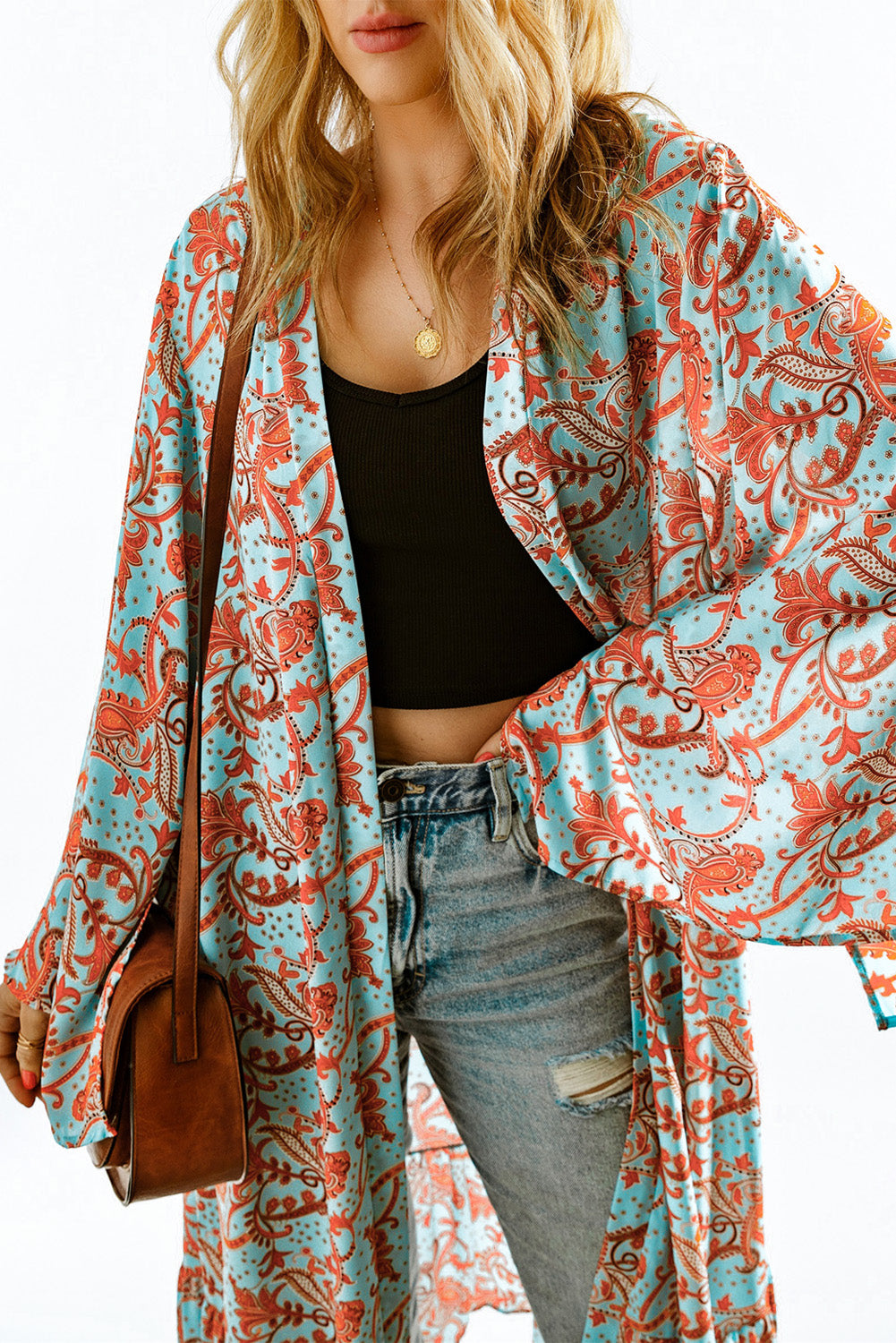 Boho Retro Floral Print Long Sleeve Oversized Kimono