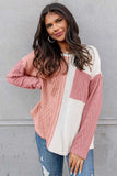 Orange Long Sleeve Colorblock Chest Pocket Textured Knit Top