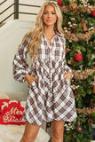 White Plaid Bubble Sleeve Flowy Shirt Dress