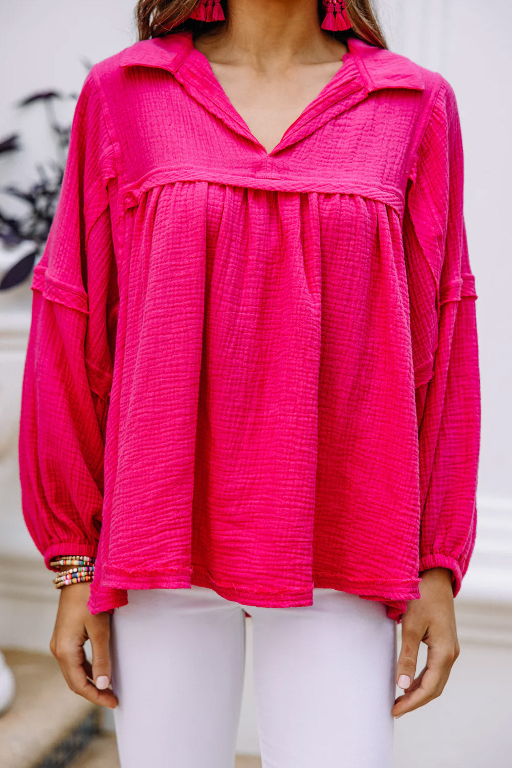 Crinkle Collared V-Neck Bubble Sleeve Flowy Blouse