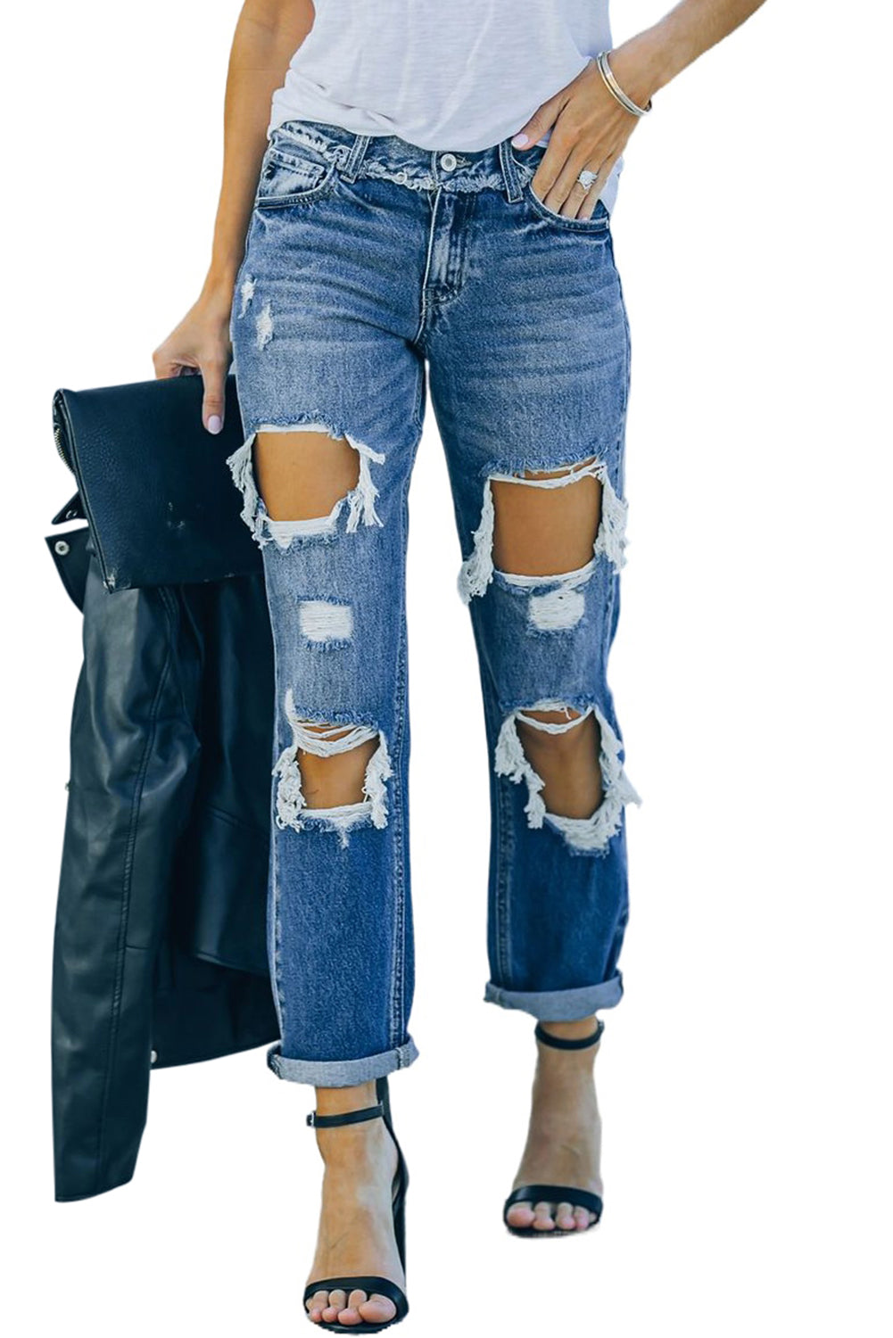 Cut Out Straight Leg Distressed Boyfriend Jeans