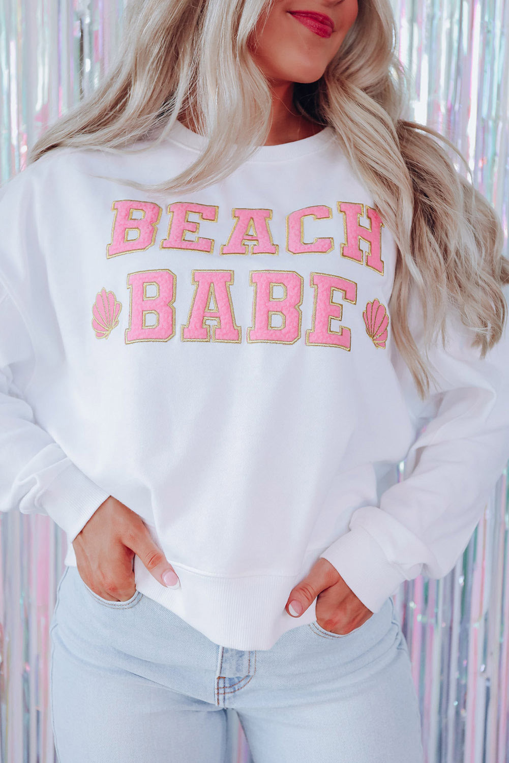 Sweat-shirt décontracté blanc à slogan BEACH BABE et graphique