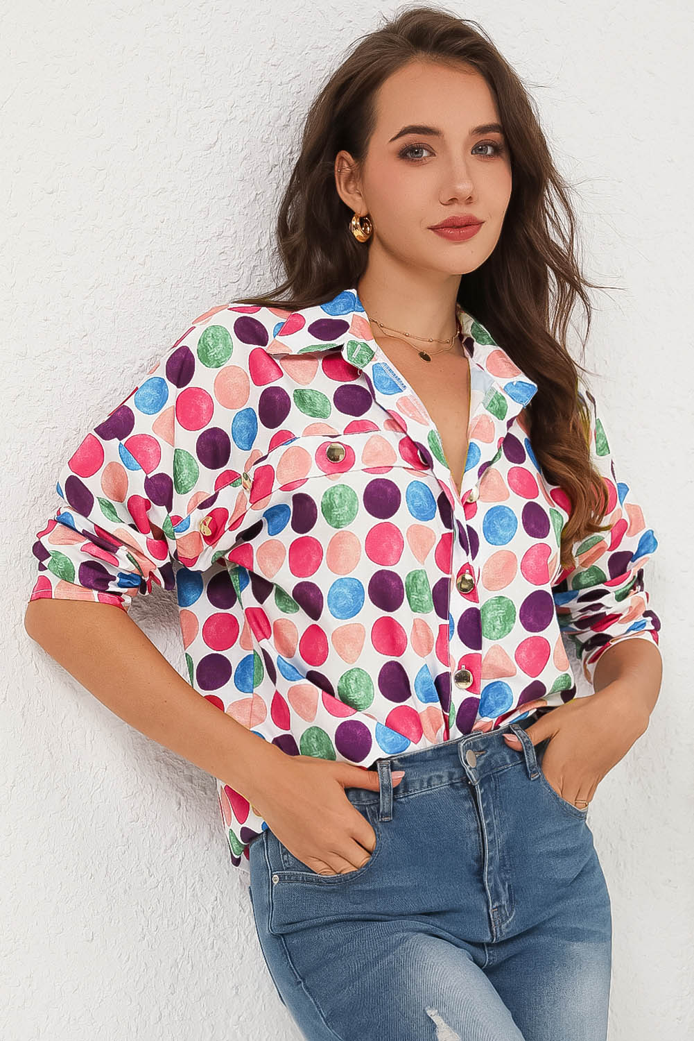 Polka Dot Buttoned Long Sleeve Shirt