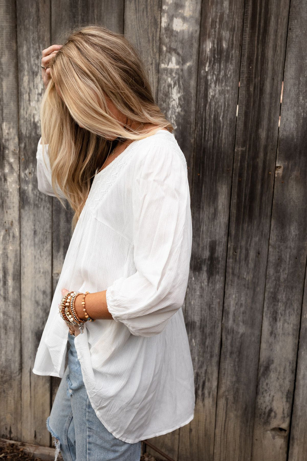 Lace V-Neck Bracelet Sleeve Ruffle Blouse