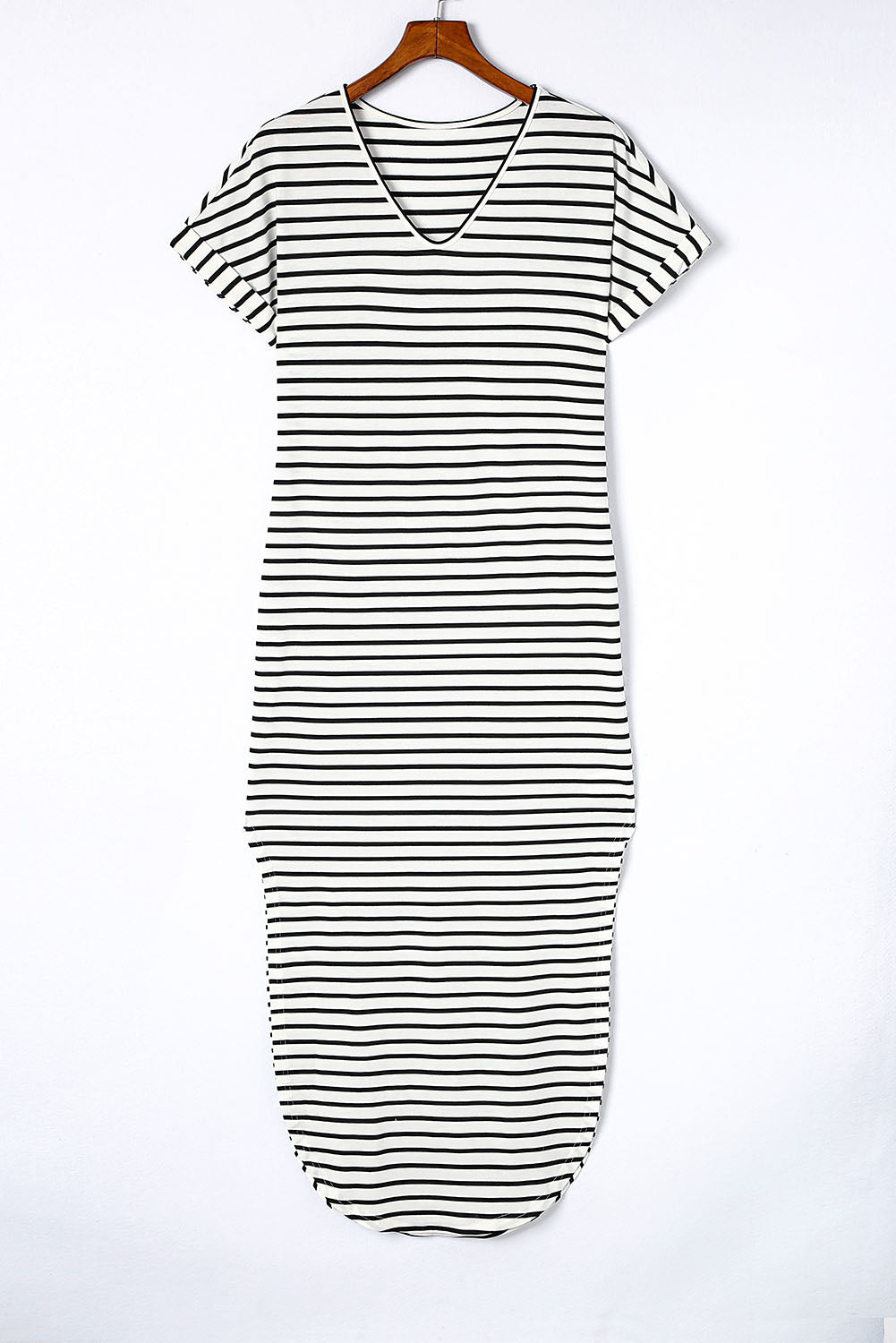 Striped Print Side Split Short Sleeve V Neck Maxi Dress