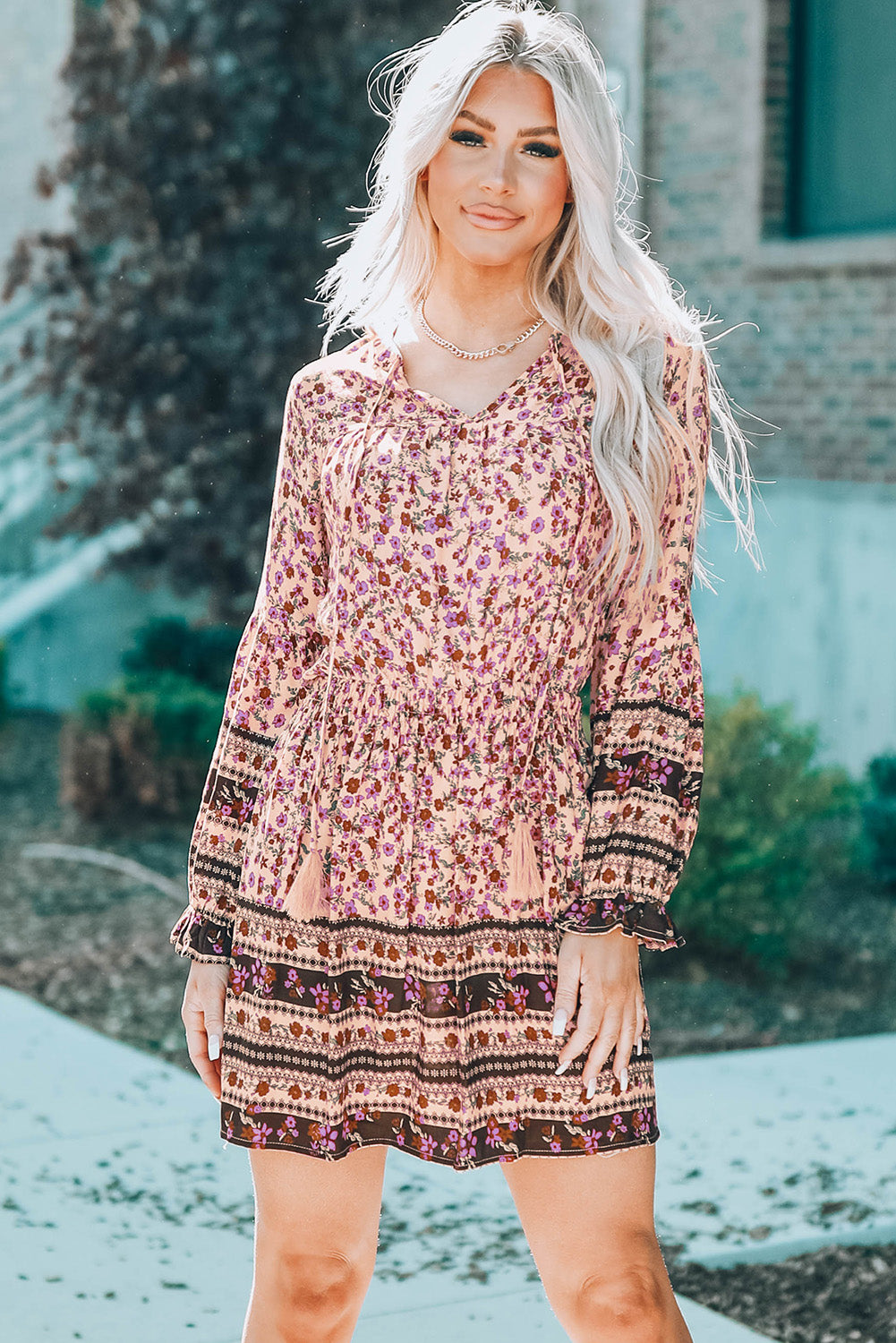 Split V Neck Boho Floral Dress