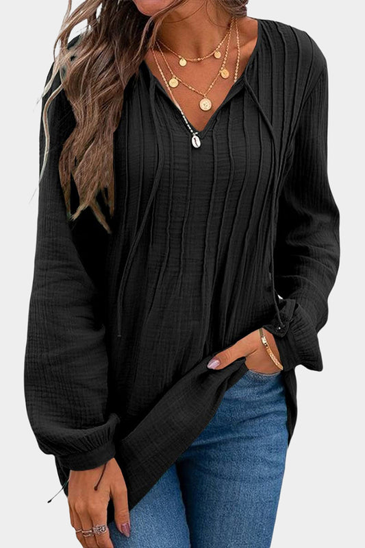 Casual Pleated V Neck Textured Loose Top