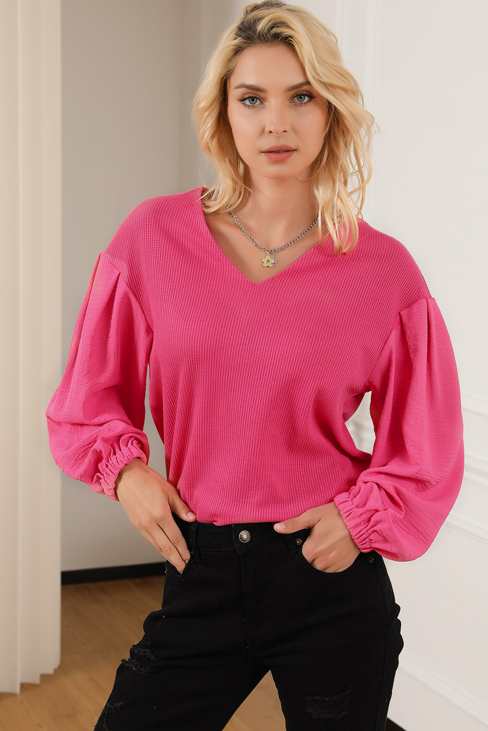 Rose Waffle Knit Balloon Sleeve Splicing V Neck Top