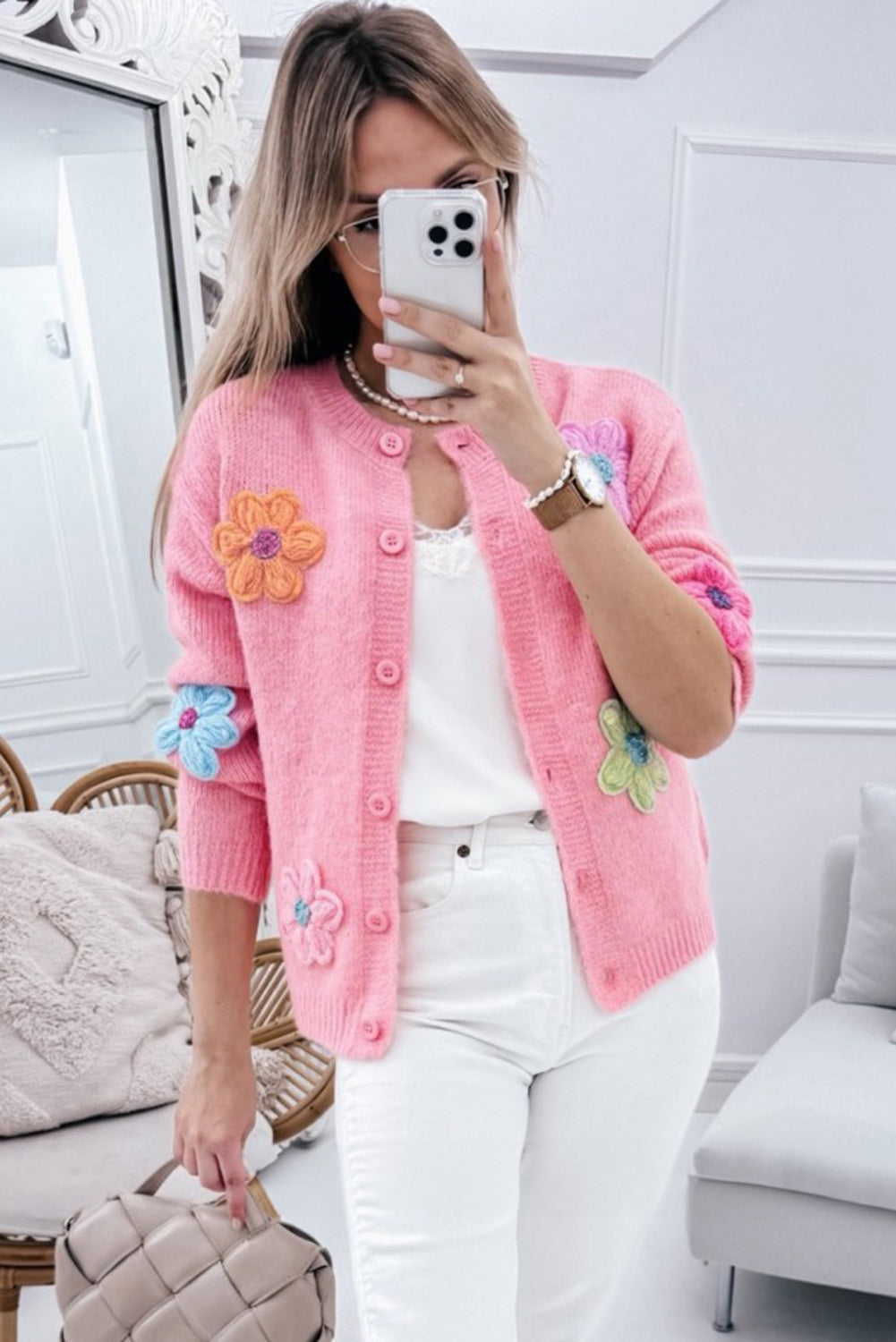 White Cute Knitted Floral Pattern Button Up Cardigan