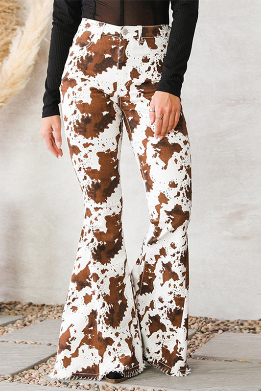 Abstract Print Raw Hem High Waist Flare Pants