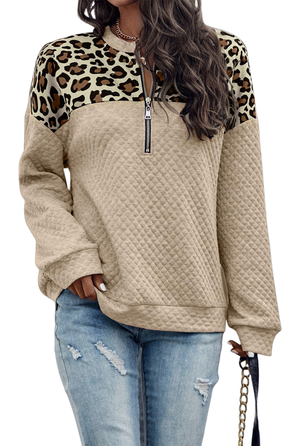 Leopard Splicing Drop Shoulder Zipped Sweatshirt