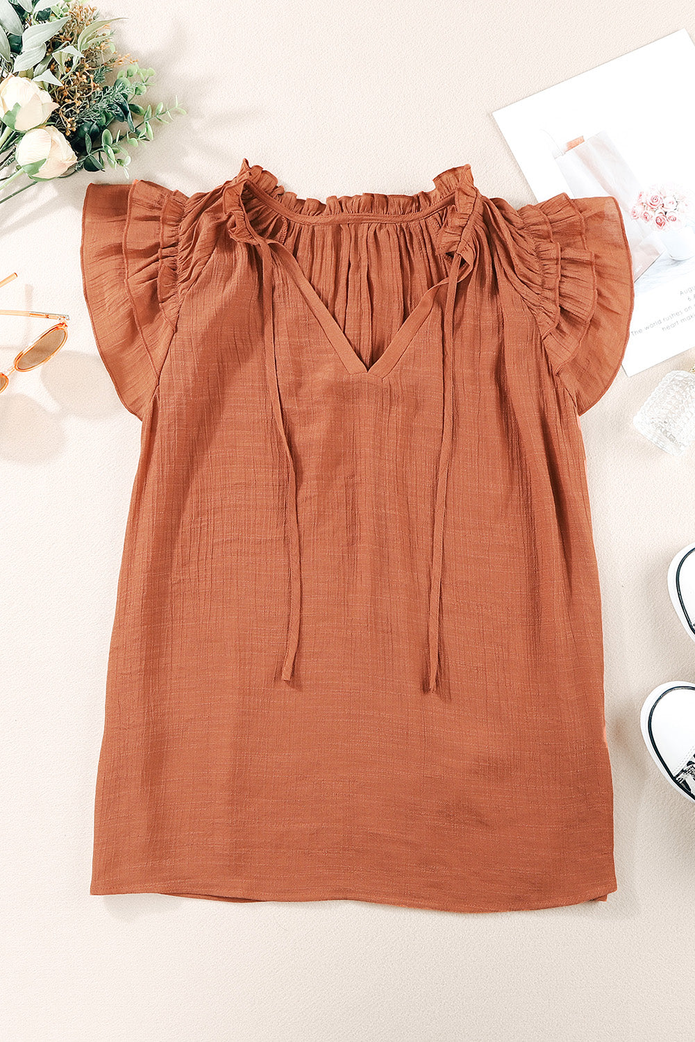 Tiered Ruffled Drawstring V Neck Top