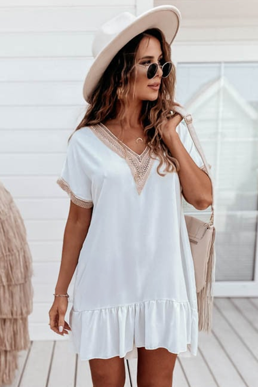 White Contrast Guipure Lace Cold Shoulder Tee