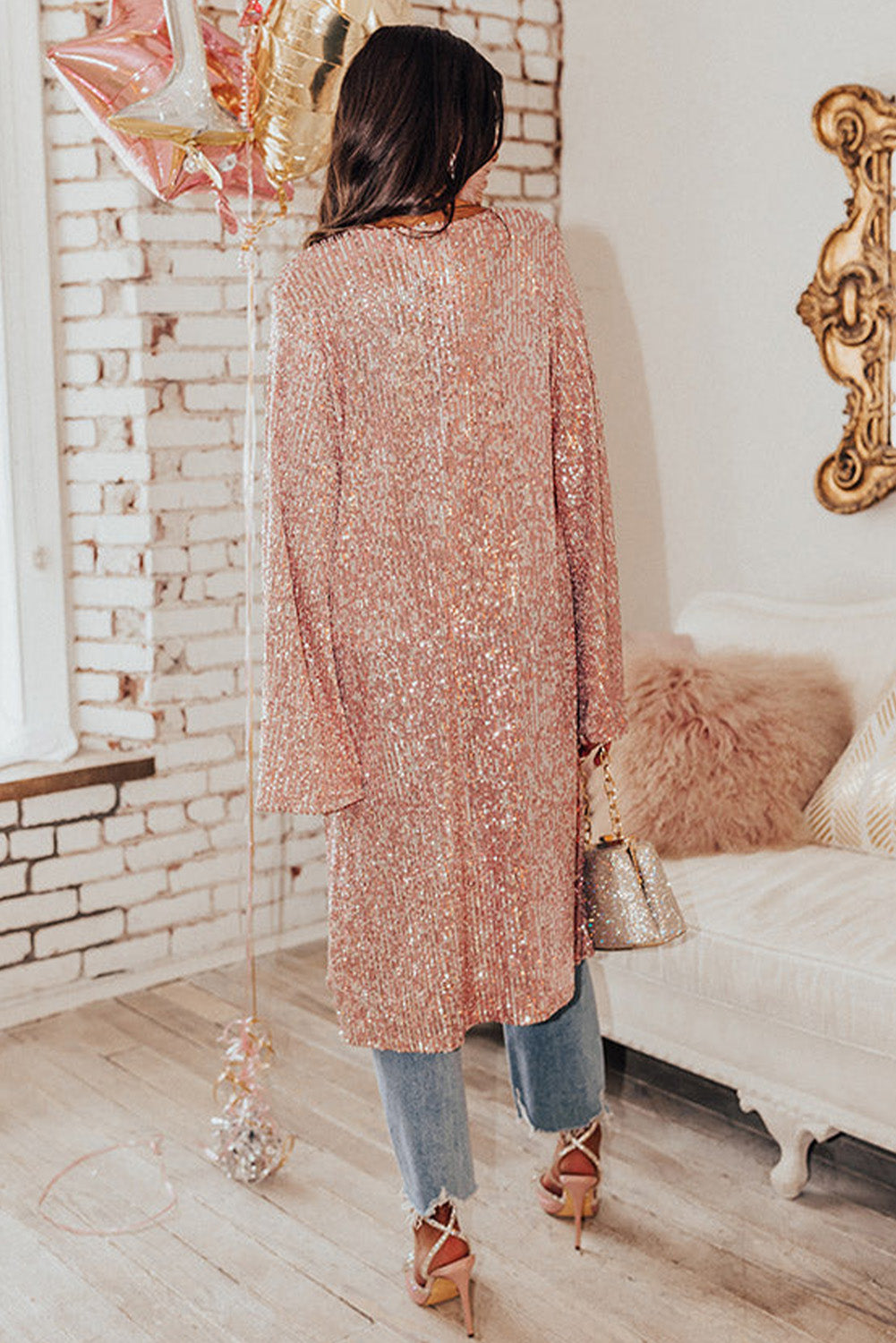 Flare Sleeve Open Front Sequin Kimono