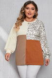 Khaki Ribbed Color Block Leopard Splicing Plus Size Top