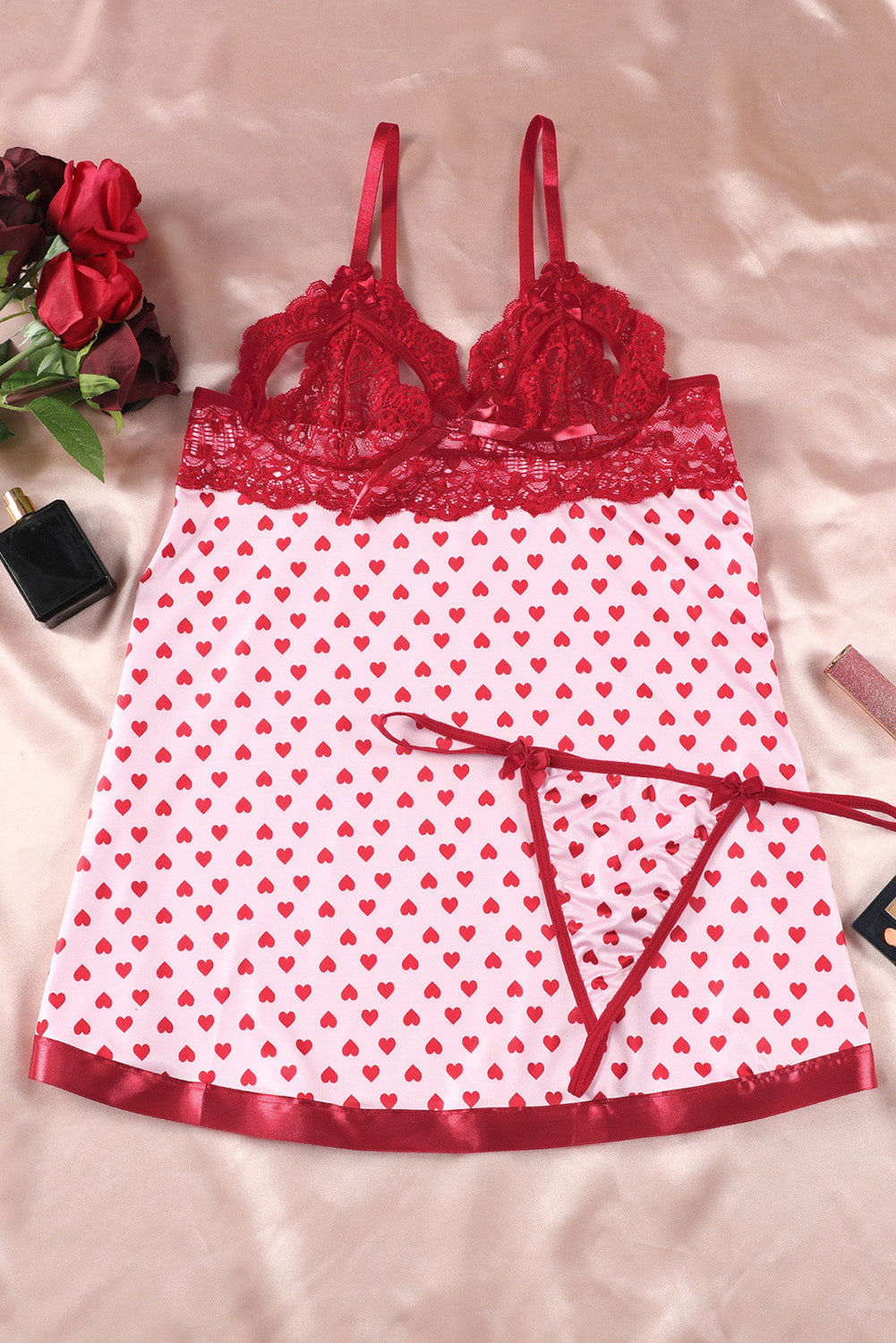 Heart Shape Print Lace Crochet Babydoll Set