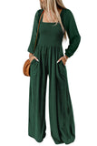 Smocked Square Neck Long Sleeve Wide Leg Jumpsuit