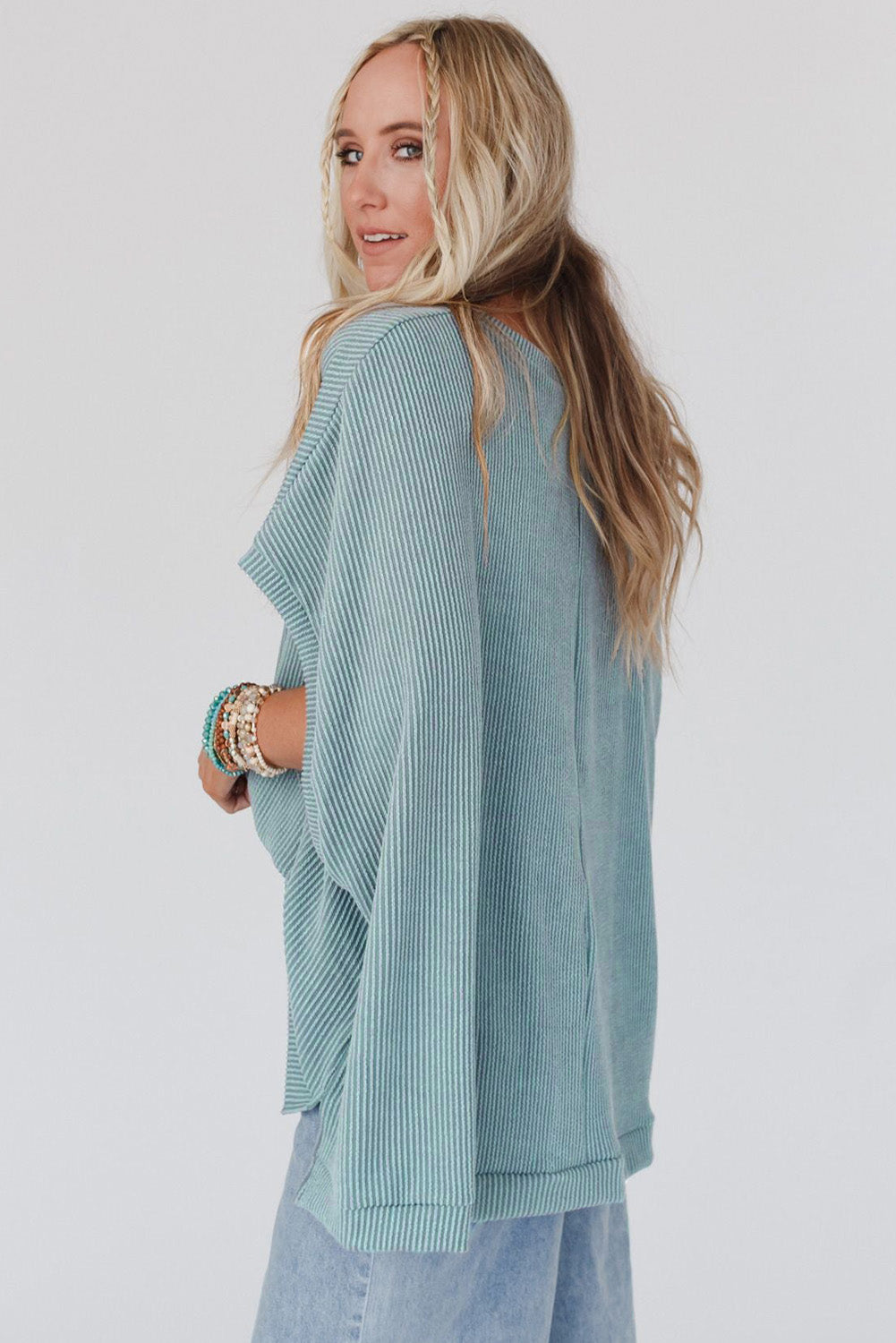 Ribbed Knit Batwing Sleeve Tunic Oversized T Shirt