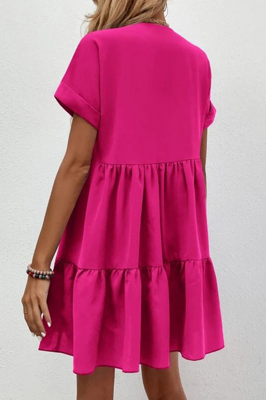 Fresh and sweet V-neck solid color large swing casual skirt dress