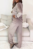 Brown Velvet Leopard Print Shirt and Pants Pajama Set