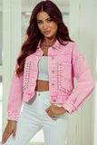 Pink Rivet Studded Pocketed Denim Jacket