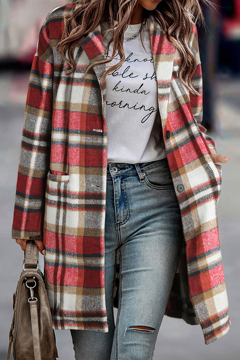 Veste à revers boutonnée à carreaux rose