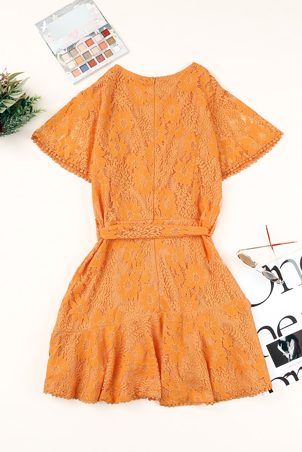 Orange Flutter Sleeve Wrap V Neck Floral Lace Short Dress